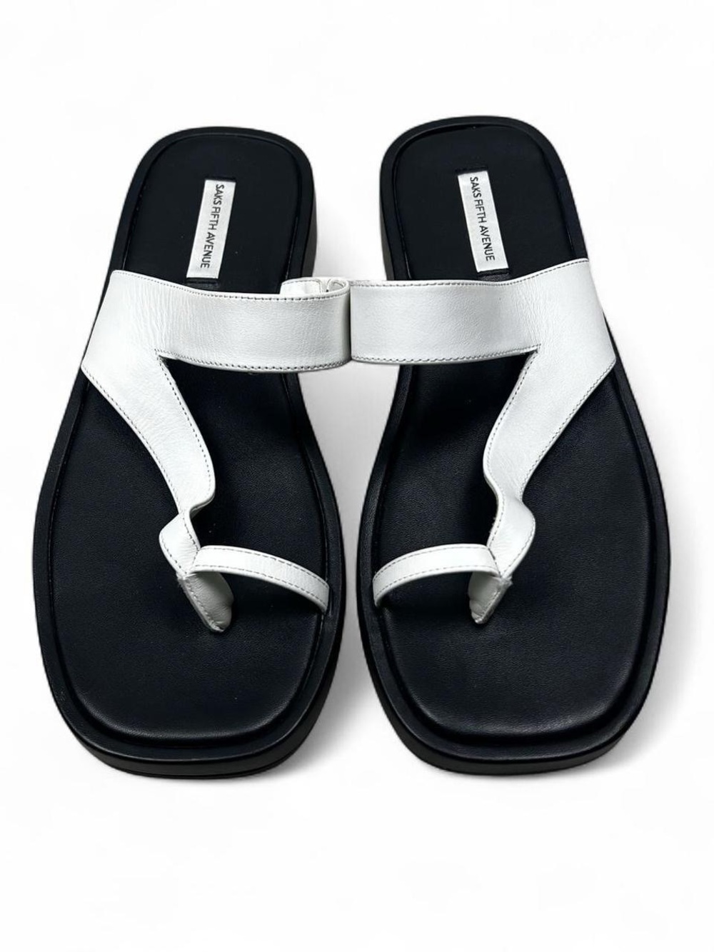SAKS FIFTH AVENUE Round Toe-Strap Platform Leather Sandals Black White